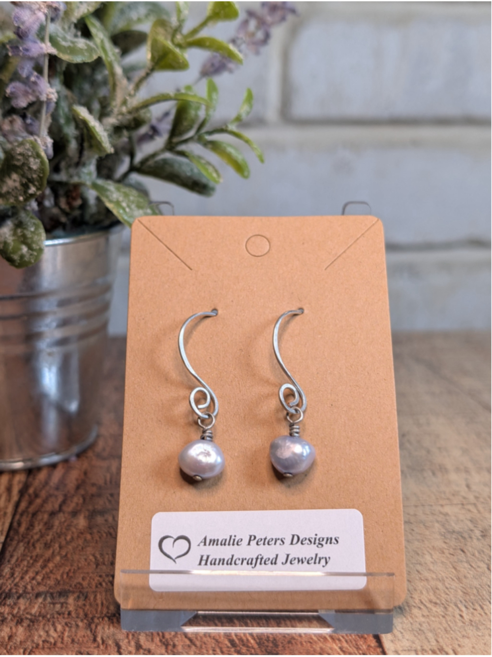 NEW Artisan Silver Wire Wrapped Dainty Drop Pearl Lavender Dangle Earrings